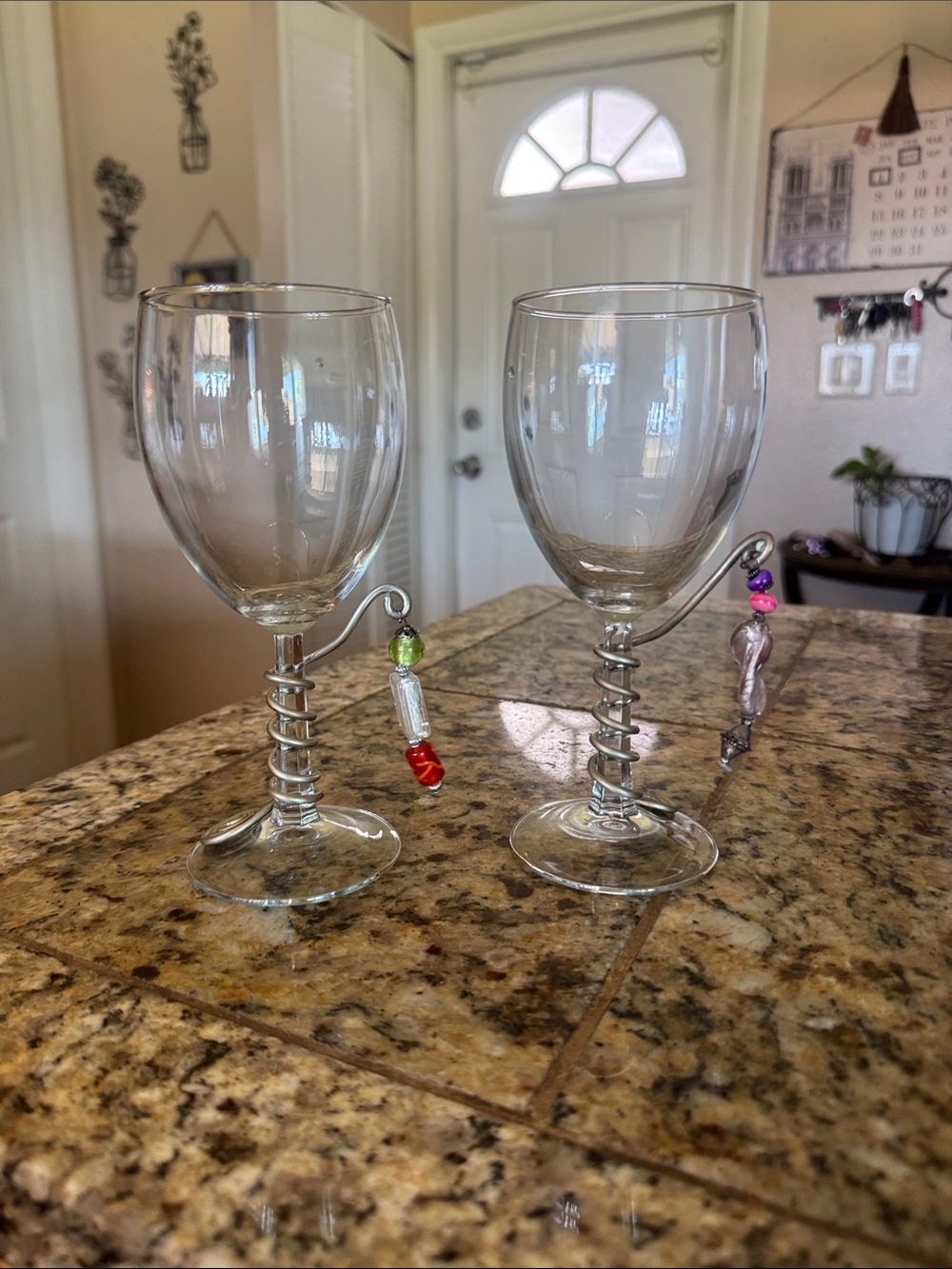 Clear Spiral-Stem Wine Glasses with Multicolor Bead Charms - Set of 2